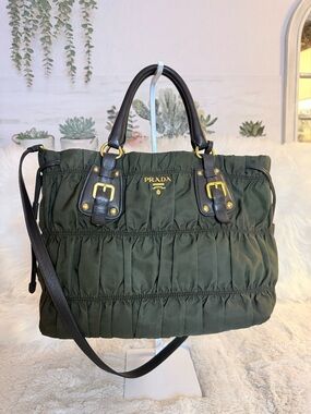 Prada Tessuto Gaufre in Dark Olive Nylon Tote with Black Leather Handles